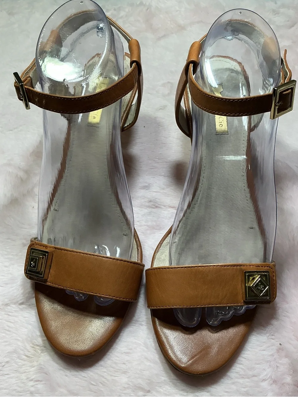 Louise et Cie Cognac Leather Ankle-Strap Block Heels